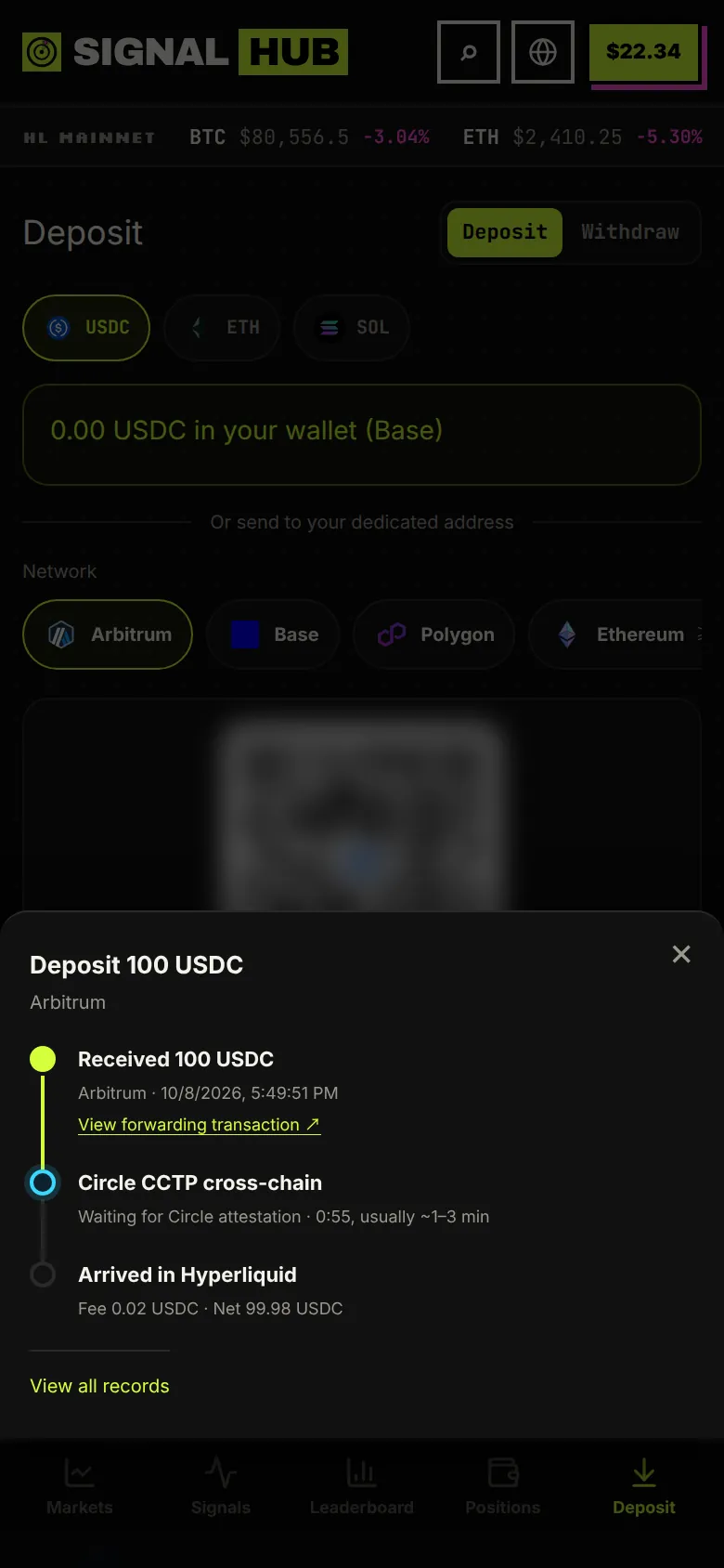 SignalHub mobile screenshot: Deposit progress