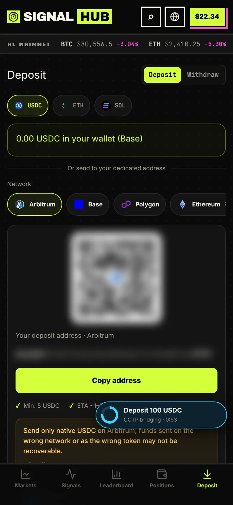 SignalHub mobile screenshot: Deposit page