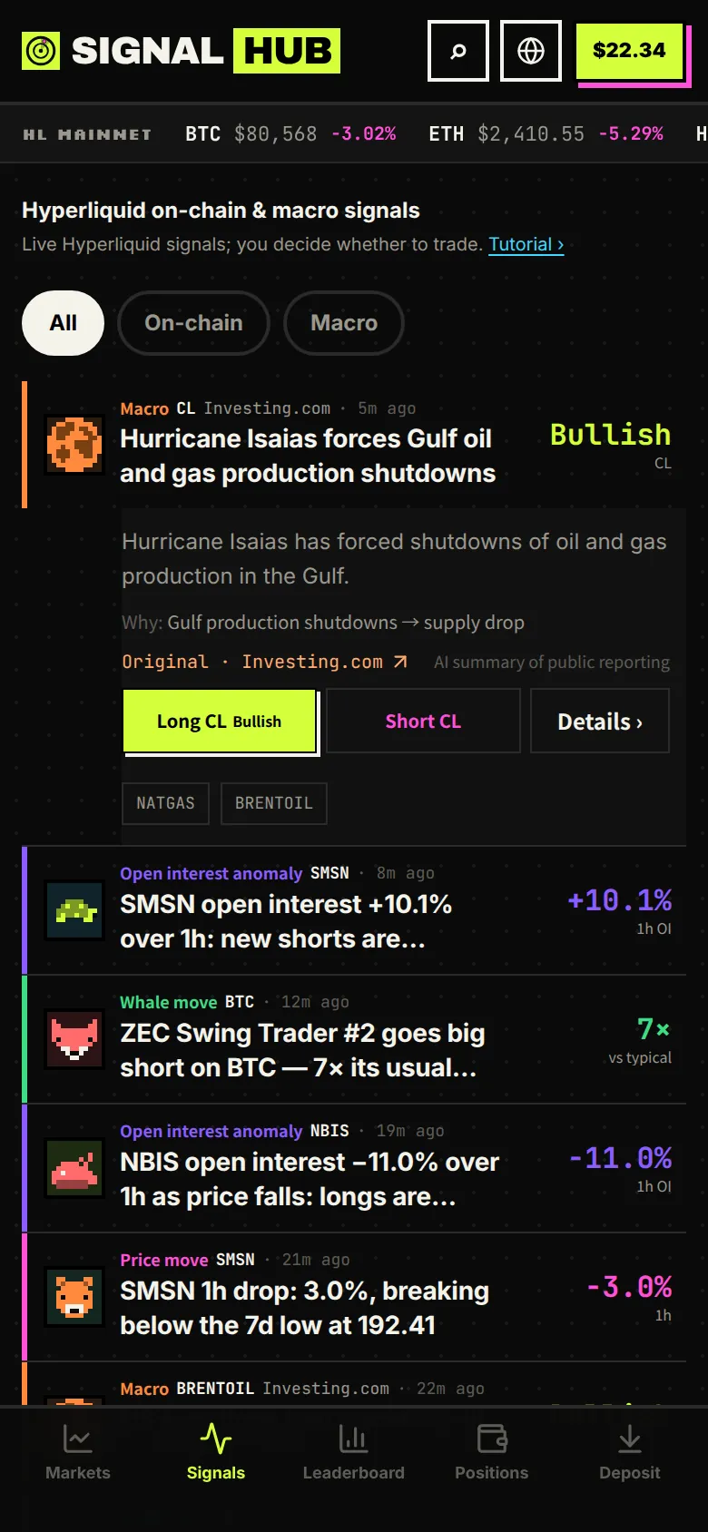 SignalHub mobile screenshot: Signal list