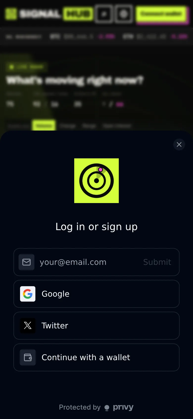 SignalHub mobile screenshot: Login / sign-up window