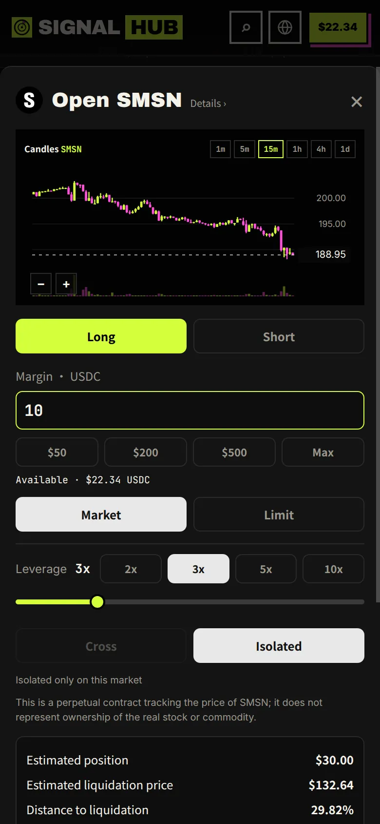 SignalHub mobile screenshot: Order panel